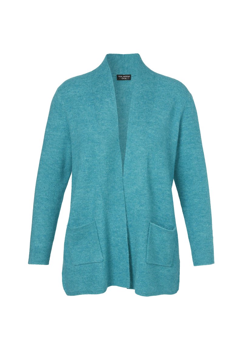 Weiche türkisfarbene offene Strickjacke mit langen Ärmeln und zwei vorderen Taschen, gestrickter Stoff, lässiger Stil.
