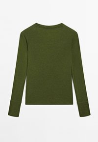 T-shirt à manches longues, col rond, de couleur vert olive, présenté à plat montrant le dos avec un design simple sans motifs ni logos visibles.