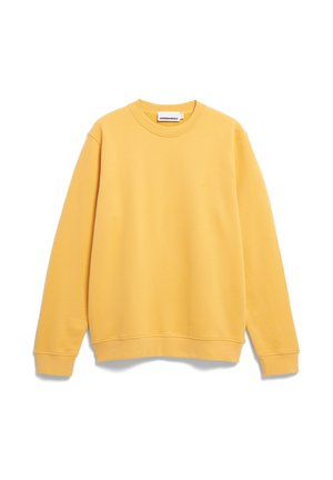 Yellow long-sleeve crewneck sweatshirt with ribbed cuffs, hem, and subtle embroidered logo on the left chest.