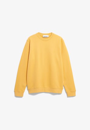 Geel sweatshirt met lange mouwen en een ronde hals, voorzien van geribbelde manchetten, zoom en een subtiel geborduurd logo op de linkerborst.