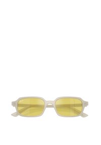 Gafas de sol con tintado amarillo, de forma rectangular minimalista, con un marco de color beige claro y una discreta marca en la lente.