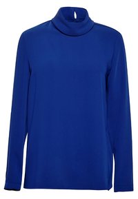 Maglietta blu a maniche lunghe con collo alto, realizzata in tessuto morbido, con dettaglio a chiave sul retro e vestibilità rilassata.