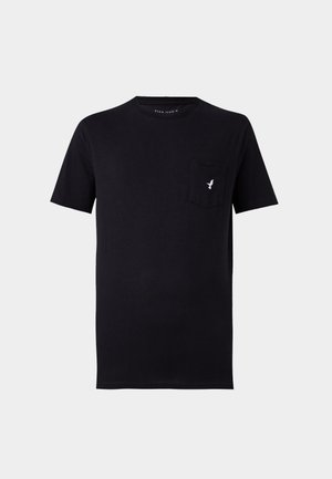 Schwarzes Baumwoll-T-Shirt mit kurzen Ärmeln, rundem Halsausschnitt und einer Brusttasche mit einem kleinen weißen Vogel-Logo. Weicher Stoff und einfaches Design.