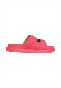 Pantofole rosa con fascia testurizzata, design open toe e suola spessa e ammortizzata, decorate con accent classic di hardware.
