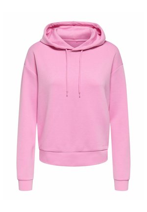 Hoodie rose pâle en tissu doux. Comprend une capuche avec cordon, des épaules tombantes et des poignets ajustés. Design élégant et décontracté.