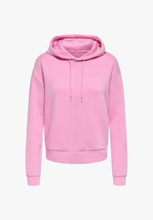 Jasnoróżowa bluza z kapturem wykonana z miękkiego materiału. Posiada kaptur z sznurkiem, opuszczane ramiona oraz dopasowane mankiety. Stylowy, casualowy design.