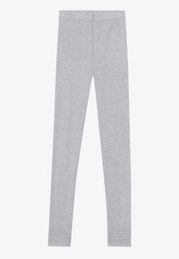 Leggings grigio chiaro, a tutta lunghezza, con un ampio bordo elastico in vita e polsini stretti alle caviglie, adagiate su uno sfondo bianco.