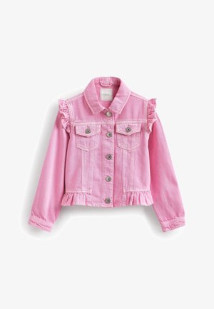 Rosa Jeansjacke mit rüschierten Schulterakzenten, Fronttaschen und einem fransigen Saum. Silberne Knopfverschlüsse vorne und an den Taschen.