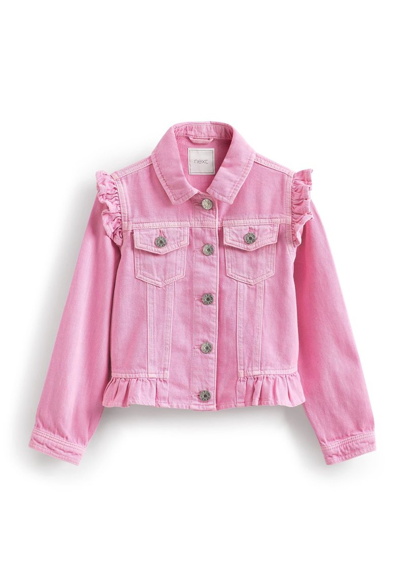 Roze denimjack met schouderacculen van ruffles, voorzakken en een franjezoom. Duidelijke knoopsluitingen in zilver aan de voorkant en op de zakken.