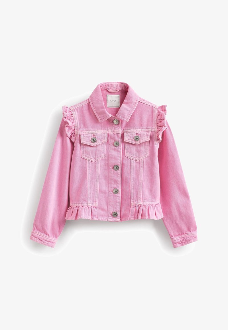 Roze denimjack met schouderacculen van ruffles, voorzakken en een franjezoom. Duidelijke knoopsluitingen in zilver aan de voorkant en op de zakken.