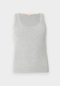 Grå ribstrikket tanktop med rund halsudskæring, lavet af et struktureret strikket stof. Har en tætsiddende silhuet og minimal syning.