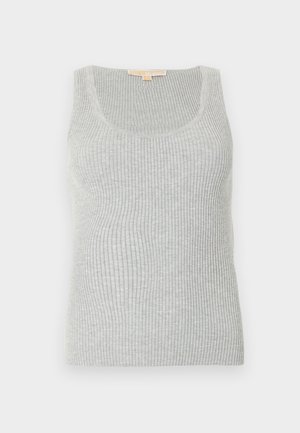 Gray ribbed tank top with a scoop neck, made from a textured knit fabric. Features a fitted silhouette and minimal stitching detail.
