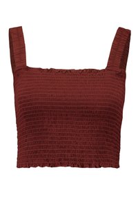 Bordeaux cropped top lavet af smocket stof, med brede stropper og en flæsekant. Tekstureret overflade med en tætsiddende design.