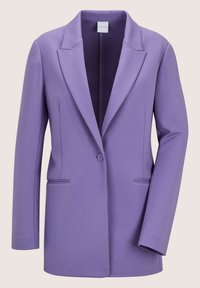 Lila vrouwenblazer met notch-kraag, enkele knoopsluiting, lange mouwen en twee voorzakken met welt.