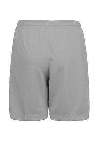 Grijze sportshorts met een elastische tailleband, een gladde textuur en geen zichtbare zakken of versieringen aan de achterkant.