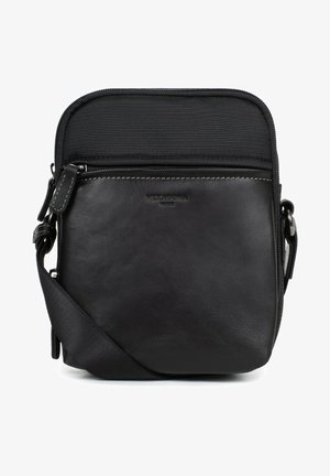 Schwarze Leder-Crossbody-Tasche mit einer strukturierten Nylonvordertasche, Reißverschluss, verstellbarem Tragegurt und dezentem Logo-Detail.