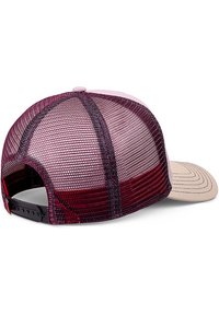 Sapcă cu un panou frontal bej, spate din plasă bordo și cusături contrastante. Dispune de un sistem de închidere tip snapback pentru ajustarea dimensiunii.