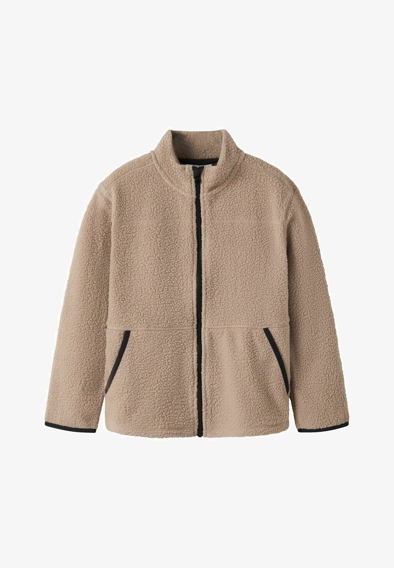 Beige täysi vetoketjullinen fleece-takki korkealla kauluksella, musta vetoketju ja mustilla reunuksilla varustetut sivutaskut edessä, pitkät hihat.