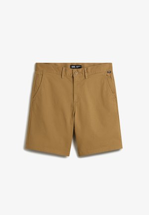 Beige Baumwoll-Shorts mit Knopfverschluss, Fünf-Taschen-Design und gerader Passform. Mit einem Vans-Logo-Tag am Bund.