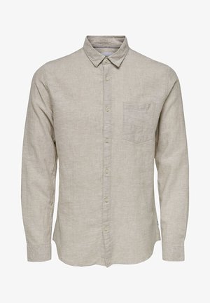 Jasno beżowa, długosleeve koszula zapinana na guziki, wykonana z lnu, z kołnierzykiem, pojedynczą kieszonką na piersi i subtelną teksturą.