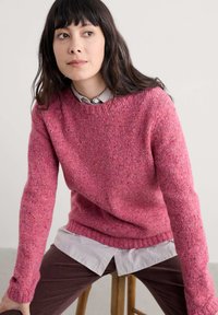 Pulover texturat roz cu guler rotund și mâneci lungi, suprapus peste o cămașă cu dungi albastre și albe. Pantaloni călduți de nuanță maronie.