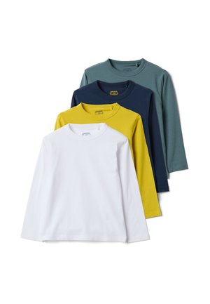 Vier langärmlige Rundhalsshirts übereinandergelegt, Farben von vorne nach hinten: weiß, gelb, dunkelblau und tealgrün auf weißem Hintergrund.