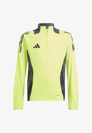 Maglia atletica a maniche lunghe di un vivace giallo con zip a quarto di giro. Presenta accenti grigio scuro e un motivo geometrico sui lati, realizzata in tessuto traspirante che assorbe l'umidità.