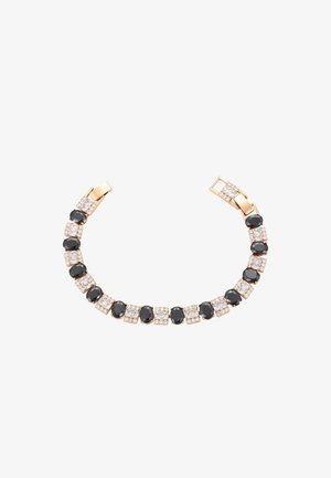 Rózsaarany karkötő, amely váltakozó fekete ovális és tiszta négyzet alakú drágakövekkel rendelkezik, sima felülettel és biztonságos csattal.