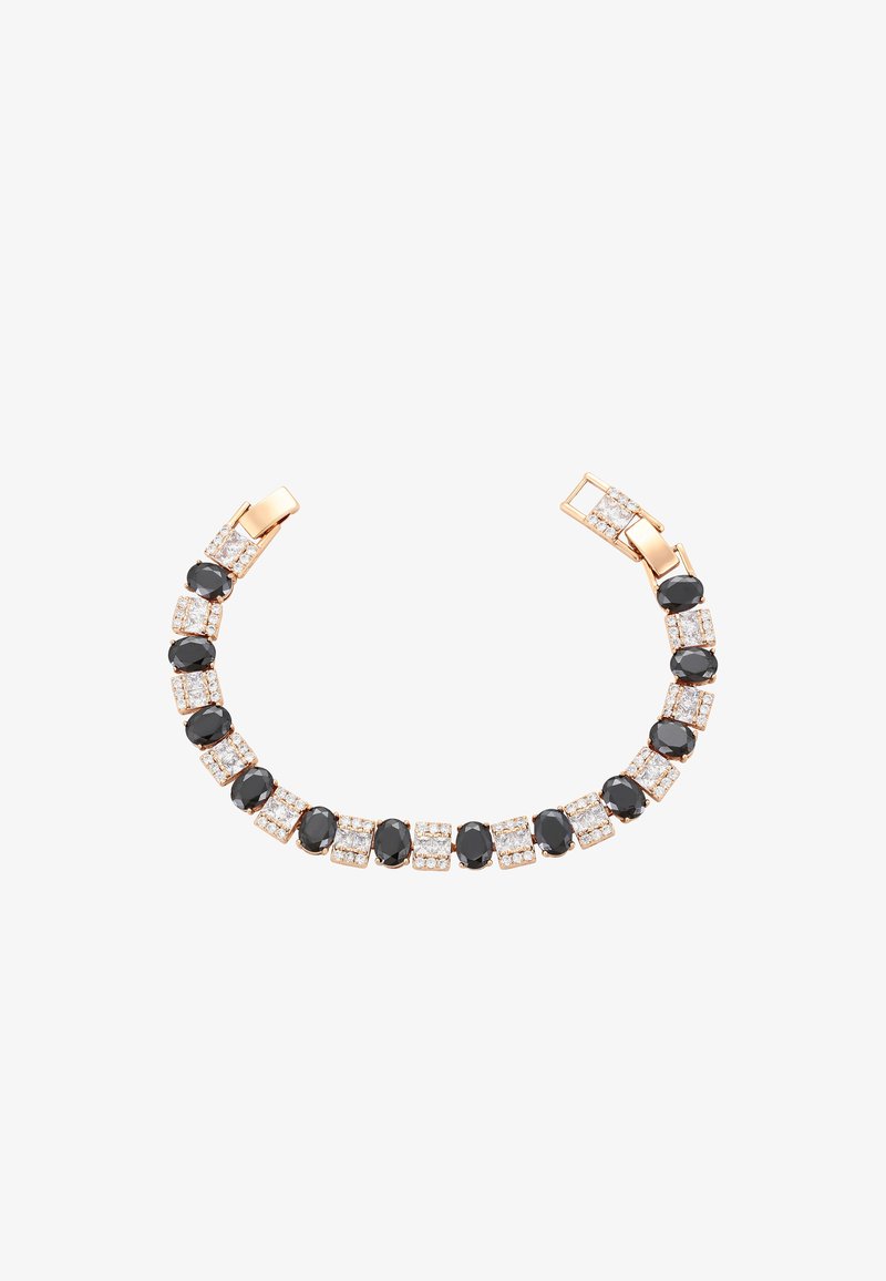 Roosakuldne pael, millel on vahelduvad mustad ovaalsed ja selged ruudukujulised gemmid, sujuva tekstuuri ja turvalise lukuga disain.