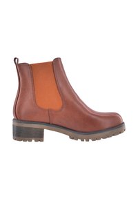 Bota de cuero marrón hasta el tobillo con paneles laterales elásticos naranjas, puntera redondeada, parte superior texturizada y suela de goma gruesa.