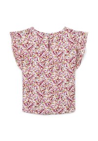 Blusa floreale con maniche corte a sbuffo, caratterizzata da uno sfondo bianco con fiori rosa, gialli e verdi. Chiusura posteriore con bottone.