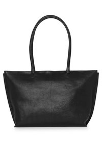 Borsa tote in pelle nera con due manici lunghi, texture liscia, design minimalista, dotata di un ampio interno e dettagli di cucitura discreti.