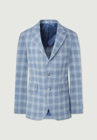 Jasnoniebieska marynarka w kratkę z wywijanym kołnierzem, dwoma przednimi kieszeniami, dwoma guzikami i satynową podszewką. Teksturowany materiał.