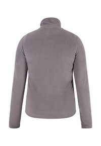 Grijze fleece pullover met een hoge kraag, lange mouwen en een gladde textuur. Geen zichtbare patronen of hardware-details. Achteraanzicht weergegeven.