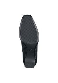 Semelle de chaussure noire en caoutchouc texturé pour une meilleure adhérence, avec un bord lisse et un design de bout arrondi. Des marquages indiquent la taille 37.