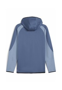 Hætte sweatshirt med en ensfarvet mørkeblå ryg, lyseblå sidepaneler, ribbede detaljer og en sort kant. Blødt, struktureret stof.
