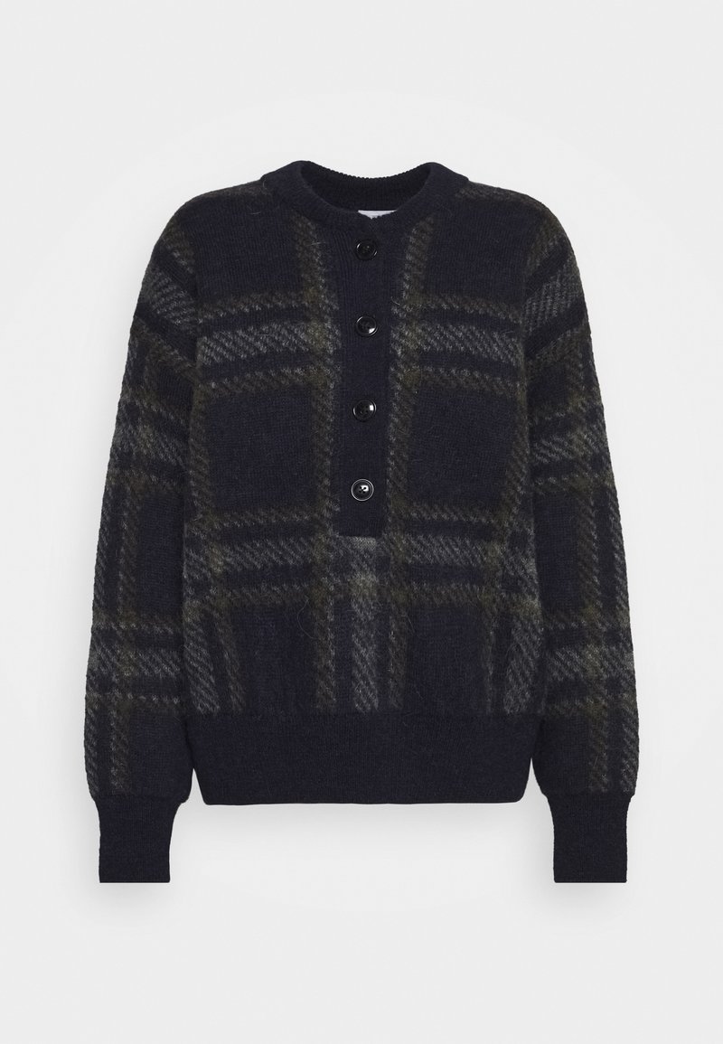 Suéter a cuadros en tonos navy y gris, confeccionado con una tela suave, con cuello redondo, mangas largas y cinco botones negros en la parte delantera.