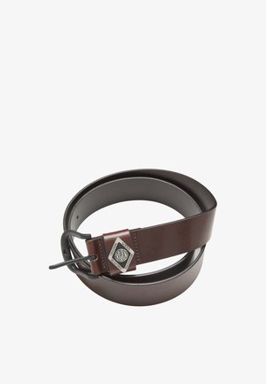 Coiled dark brown leather belt with black rounded buckle and metal diamond-shaped emblem reading "Replay Original Goods Registered Trademark."