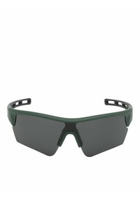 Sportsonnenbrille mit einem grünen Kunststoffrahmen, dunkel getönten Gläsern und kantigem Design. Verfügt über Lüftungslöcher an den Seiten.