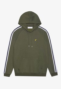 Sudadera con capucha verde oliva con rayas blancas y marinas en las mangas, bolsillo frontal y detalle de logo amarillo en el pecho.