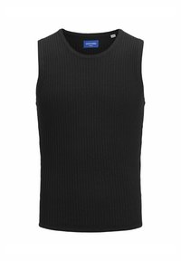 Sort ærmeløs tanktop lavet af ribbet stof, med rund halsudskæring og et mærke i blå farve på den indre krave.