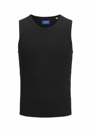 Schwarzes ärmelloses Tanktop aus geripptem Stoff, mit rundem Halsausschnitt und einem blauen Etikett am inneren Kragen.