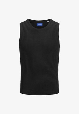 Juodas be rankovių marškinėliai, pagaminti iš glamžyto audinio, su apvaliu iškirpimu ir mėlynu etikečių ženklu vidiniame apykaklėje.