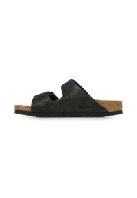 Sandale noire à glissière avec deux larges bretelles, un dessus texturé et une semelle en liège. Dispose d'une semelle noire légère et d'un design minimaliste.