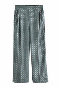 Wijde broek van gladde stof, met een teal achtergrond en een herhalend bloemenpatroon in roze en crèmekleuren. Elastische tailleband.