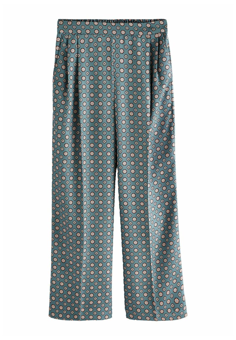 Wijde broek van gladde stof, met een teal achtergrond en een herhalend bloemenpatroon in roze en crèmekleuren. Elastische tailleband.