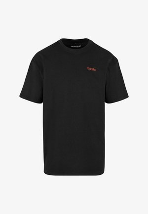 T-shirt nera a maniche corte in cotone. Presenta la scritta ricamata rossa "BallHud" sull'area sinistra del petto. Design classico con colletto a girocollo.