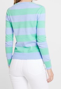Lekki sweter w zielono-niebieskie paski, z długimi rękawami, okrągłym dekoltem i ściągaczem na dole. Charakteryzuje się miękką fakturą i dopasowanym krojem.