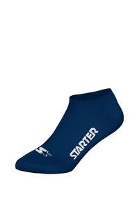 Navyfarbene Knöchelsocken aus dehnbarem Material, mit einem gerippten Bündchen und dem weißen "STARTER"-Logo an der Seite. Glatte Textur und enganliegende Form.