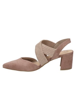 Chaussure slingback pour femme en daim rose poussière avec bout pointu, brides croisées en tricot, et talon carré.